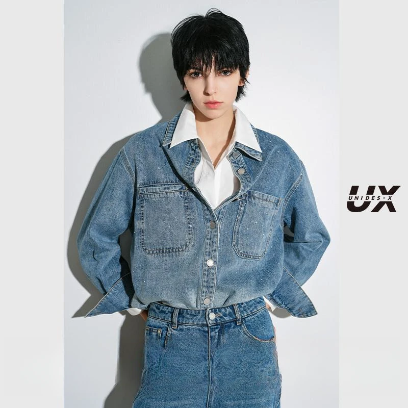 UX 2024冬季新款 烫钻牛仔衬衫女 时尚气质通勤上衣 百搭单品
