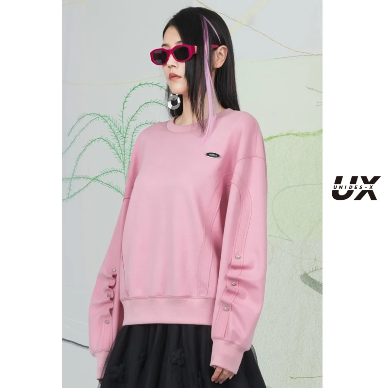 粉色圆领长袖卫衣女UX新款秋季新款中长款宽松显瘦设计感百搭上衣