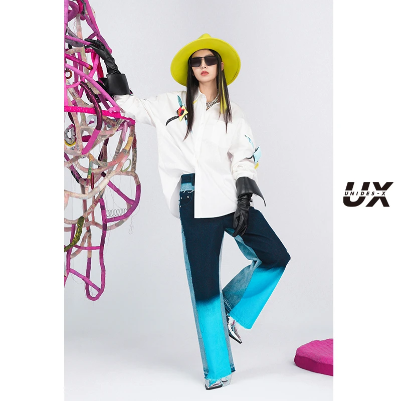 UX新款原创艺术家联名冬季拼色牛仔裤渐渐变阔腿裤