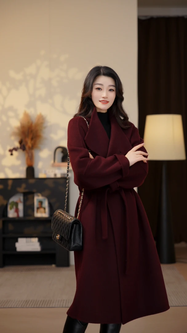 高级设计感大翻领中长款气质小个子慵懒风双面绵羊毛大衣外套