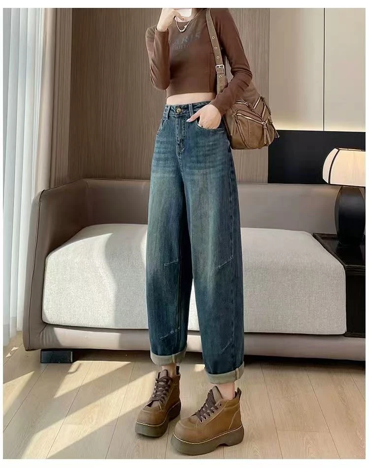 {立1}（清货）百搭复古显瘦宽松哈伦老爹裤弯刀牛仔裤女