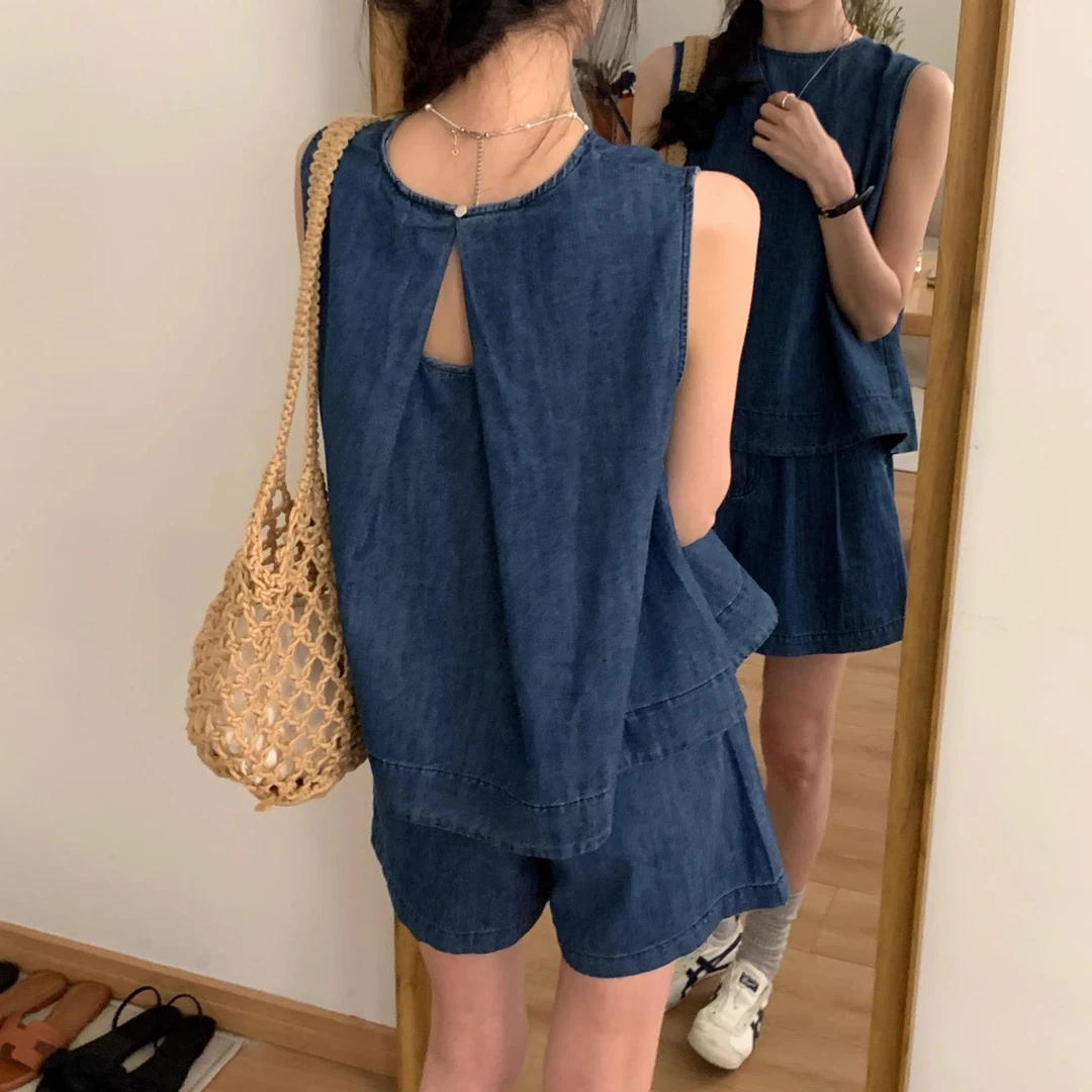 小个子穿搭一整套女夏季新款设计感牛仔背心上衣短裤两件套装