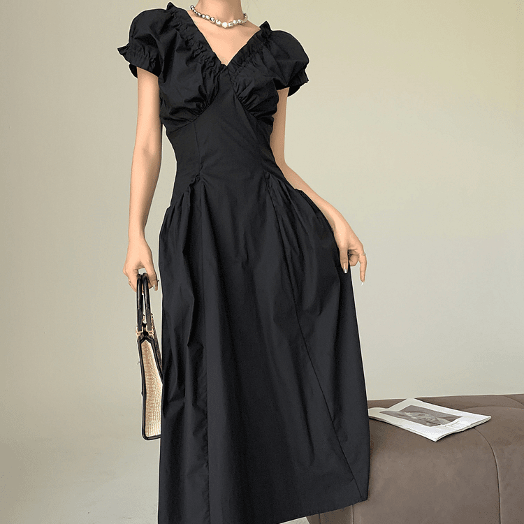 2024新款法式V领泡泡袖连衣裙女夏季高级感收腰小众a字长裙964