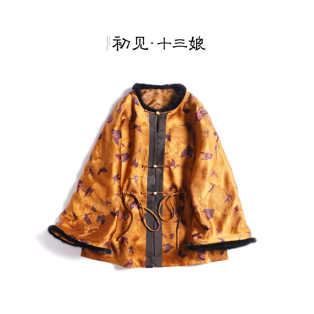 初见十三娘『金玉』复古中式国风秋冬印花民族风气质汉服棉服外套