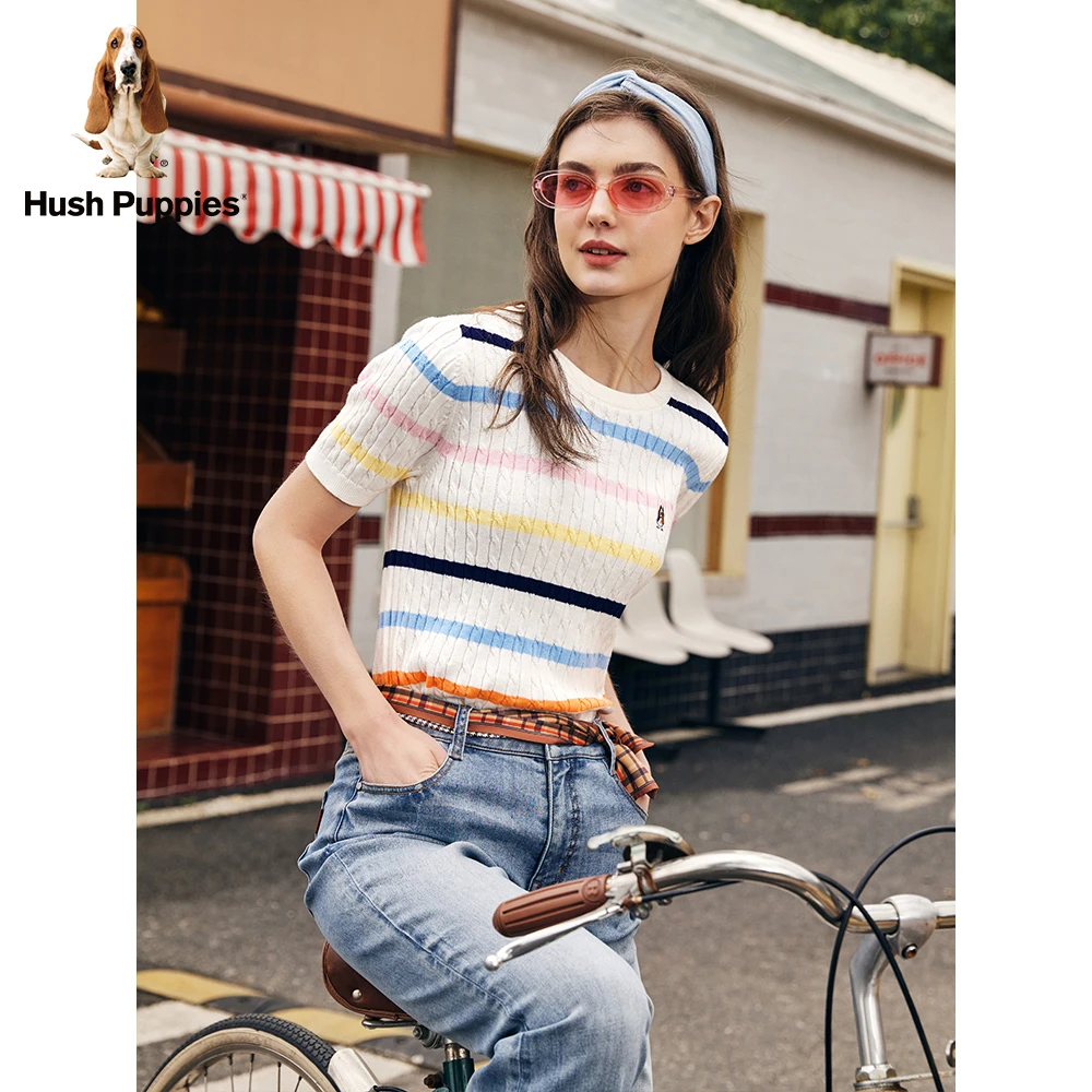 【甄选精梳棉】暇步士女装夏季条纹圆领撞色针织短袖HDFHW241005