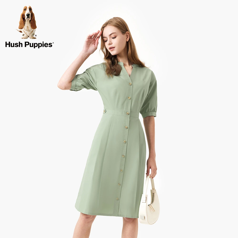 【天然全棉】暇步士女装夏季气质通勤V领短袖连衣裙HDFHZ243007