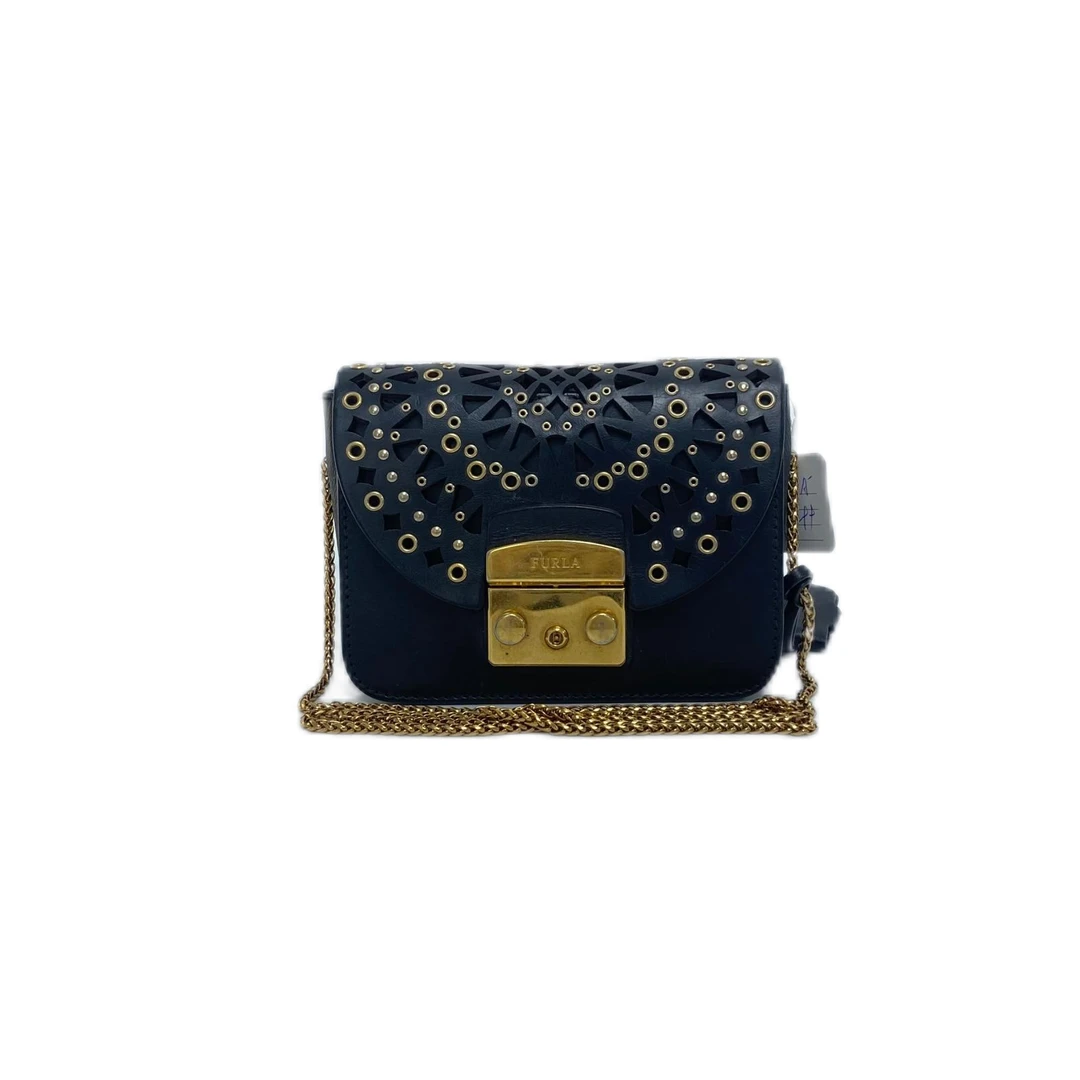 95新 FURLA/芙拉 黑色镂空翻盖单肩斜挎链条包 Y-5297-A-