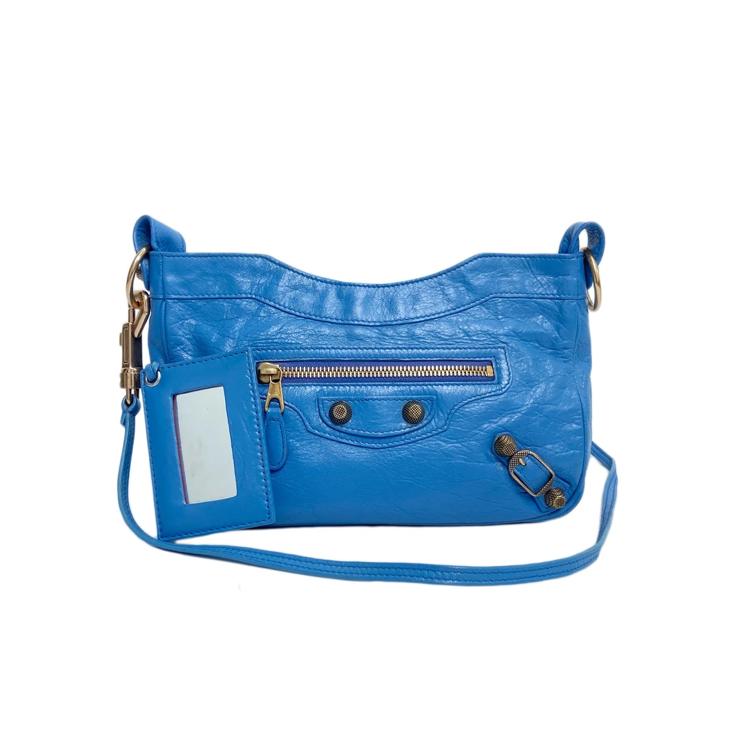 95新 Balenciaga/巴黎世家 蓝色全皮单肩斜挎机车包 2406BG001