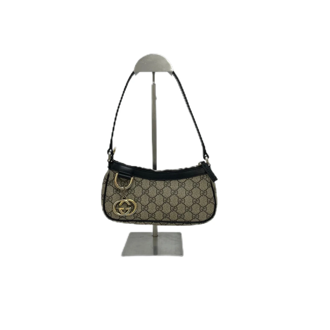 95新 GUCCI/古驰 经典双G老花帆布拼皮单肩腋下包 2412G035