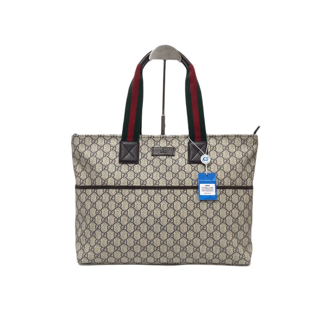 95新 GUCCI/古驰 经典双G老花帆布拼皮单肩手提托特包 2407G0444