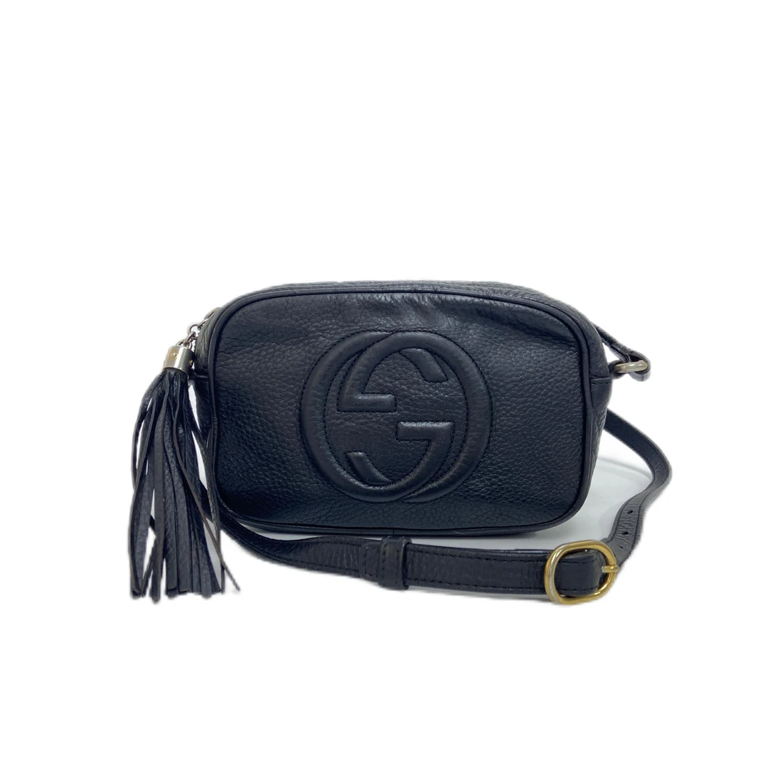 95新 GUCCI/GUCCI 黑色全皮流苏单肩斜挎相机包 2408G024