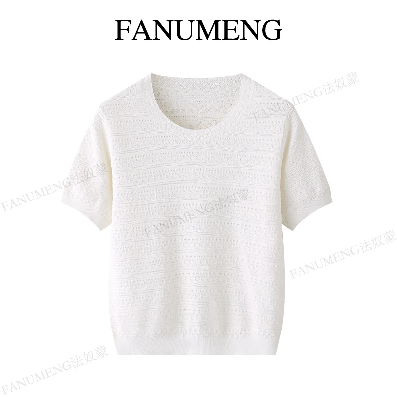 长桥映月，冰麻纱宽松短袖挑孔肌理U型领针织衫镂空夏季晾感女T恤