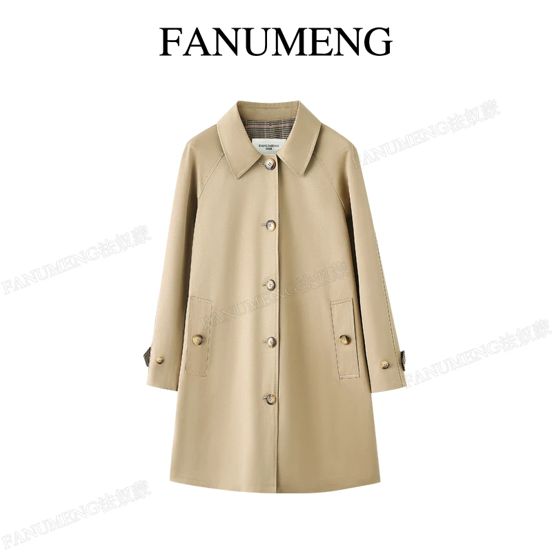经典立体廓形风衣外套春秋女士翻领单排明扣优雅插肩袖中长款大衣