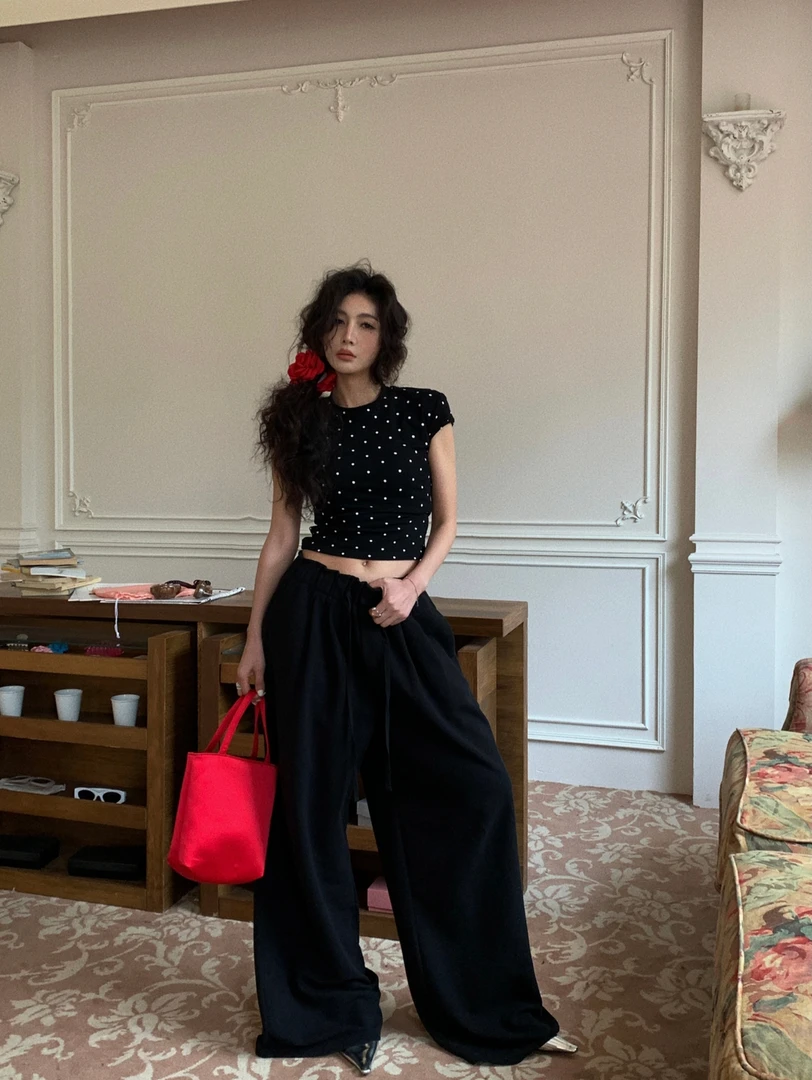 【清仓季】波点短袖T恤小飞袖设计感高腰短款甜辣风小个子正肩上衣