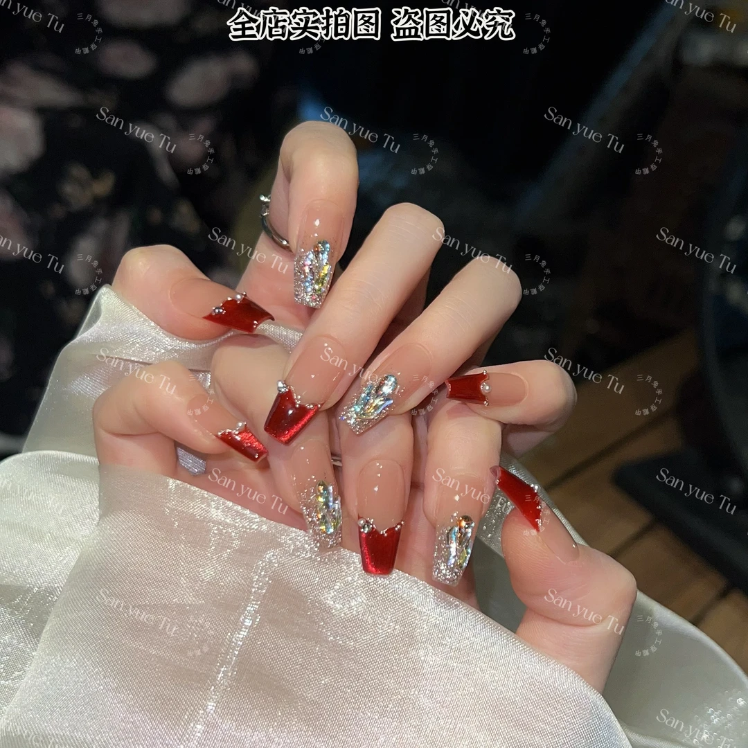 惊鸿舞-三月兔红色猫眼法式夏季气质可拆卸穿戴甲