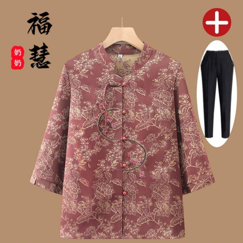老人老太中国风奶奶装中老年妈妈装春秋老年人喜妈妈衬衫夏季红色