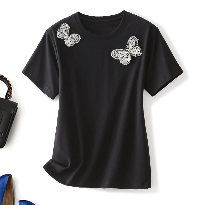 高考毕业季夏季百搭圆领黑色时尚显瘦宽松半袖气质重工休闲T恤女