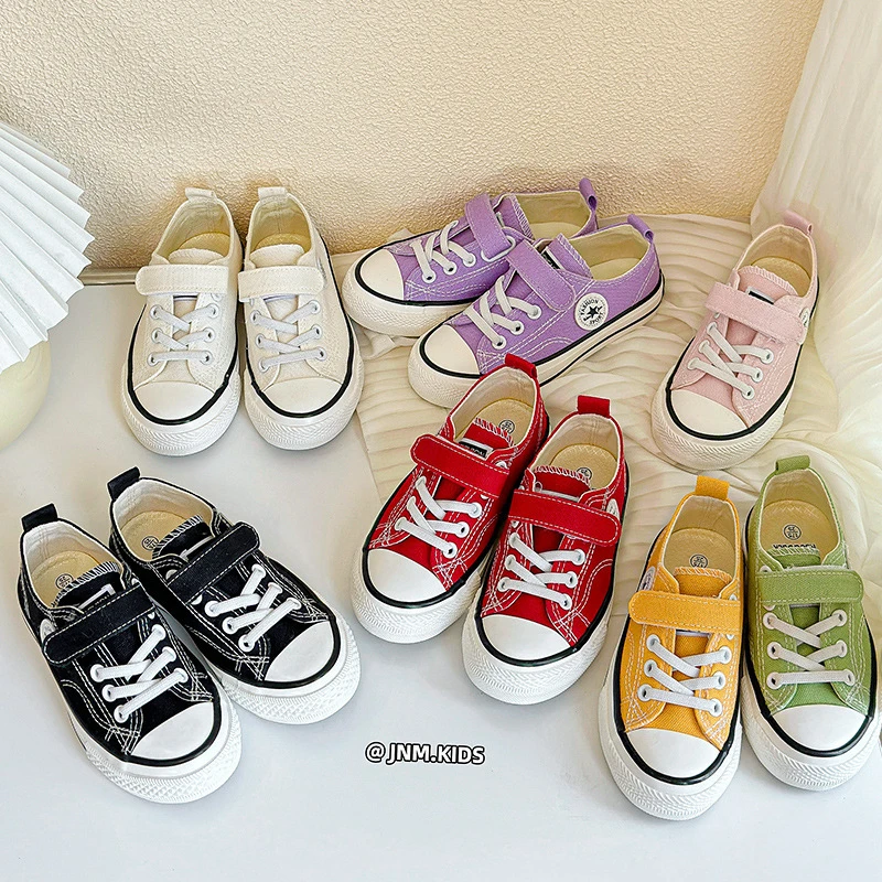 韩版糖果色儿童帆布鞋男女童低帮板鞋春秋魔术贴小白鞋宝宝室内鞋