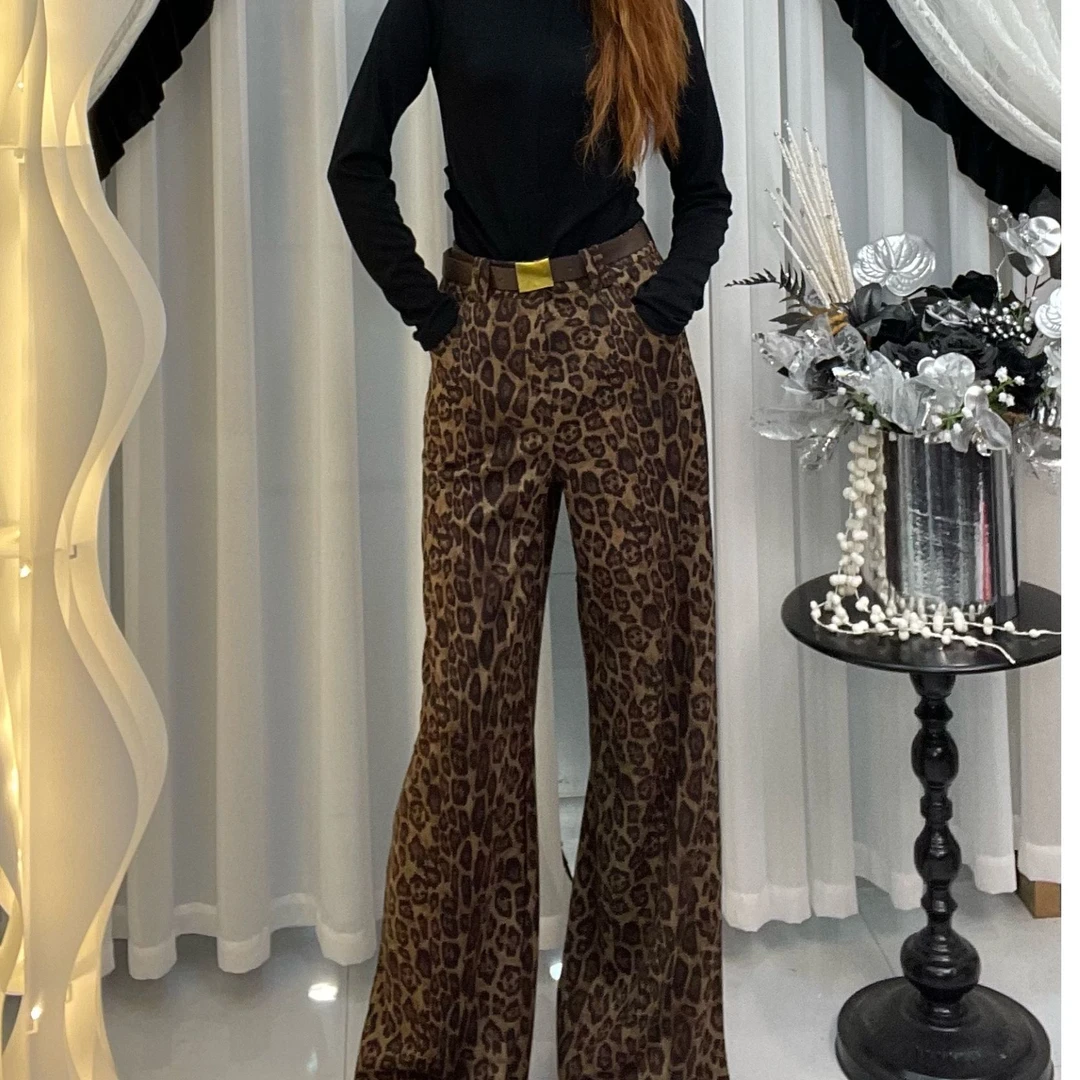豹纹直筒拖地裤女秋冬新款美式复古个性百搭裤子网红休闲