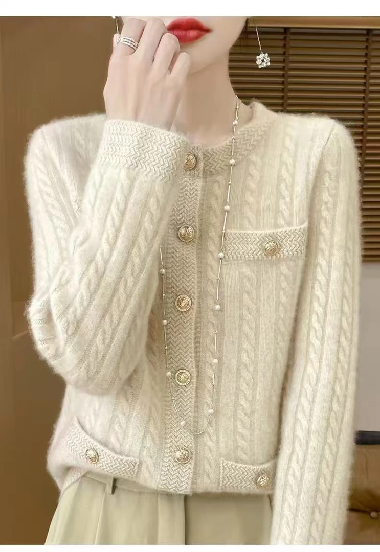 423 纯羊毛衫女小香风2024秋冬新款内搭圆领毛衣条纹宽松针织打底