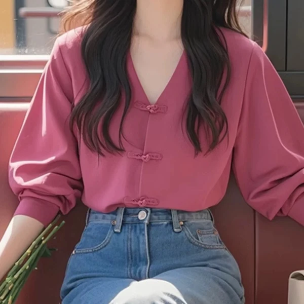 气质高级感早秋新款衬衣秋季宽松设计玫红色雪纺衬衫女夏季打底衫