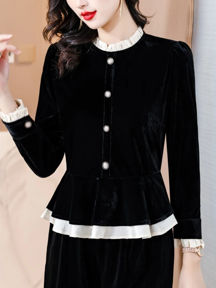 金丝绒上衣收腰裙摆小衫小个子短款丝绒打底衫衬衫女时尚洋气时髦