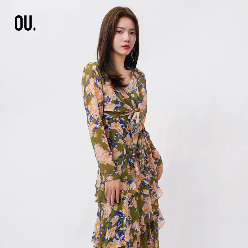 【商场同款】OU./欧点 时尚气质长袖V领桑蚕丝连衣裙1201133043