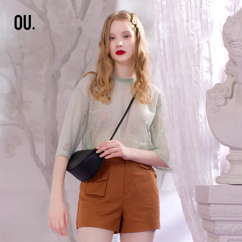 【商场同款】OU.FASHION/欧点圆领百搭蕾丝衫短袖上衣1203121006