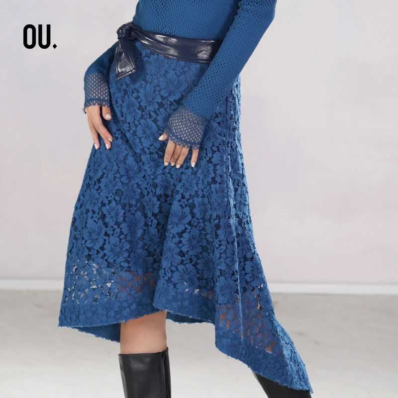 OU.FASHION/欧点蓝色蕾丝中长裙高腰半身裙1204142004热力感