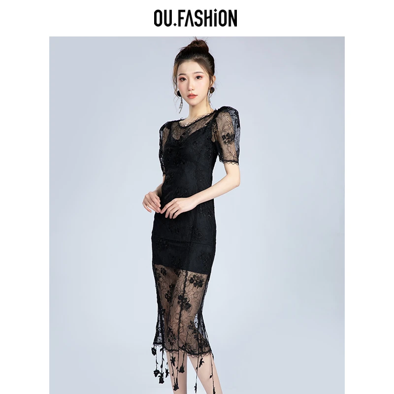 OU.FASHION/欧点名媛优雅中长裙显瘦蕾丝修身连衣裙1122220258