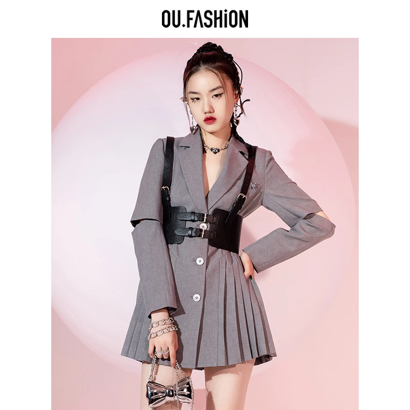 【商场同款】OU.FASHION/欧点V领可拆袖百褶春秋外套1072210032