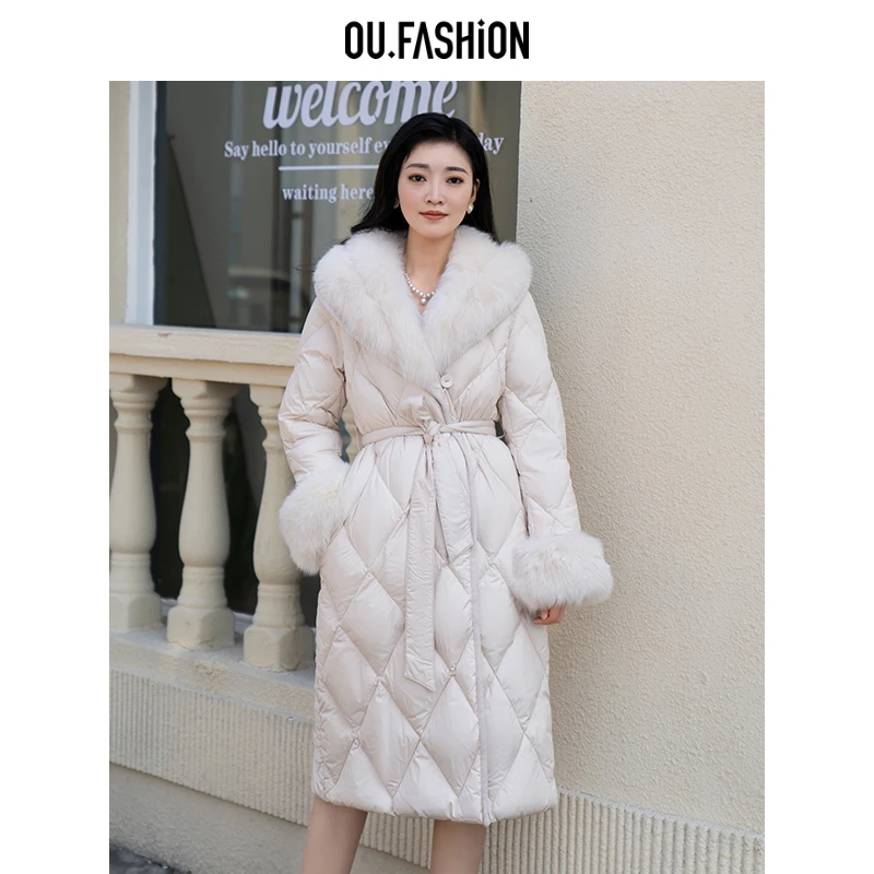 OU.FASHION/欧点冬季保暖狐狸毛领白鹅绒长款羽绒服6092240198