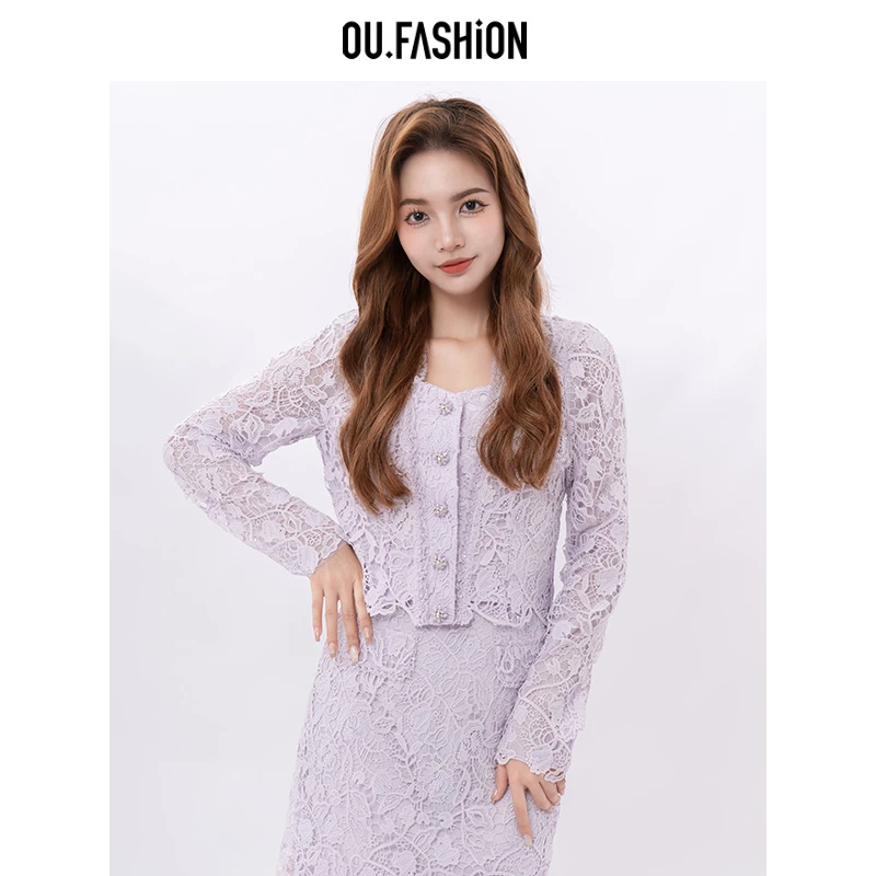 OU.FASHION/欧点蕾丝小香风短外套女长袖上衣6032330066热力感