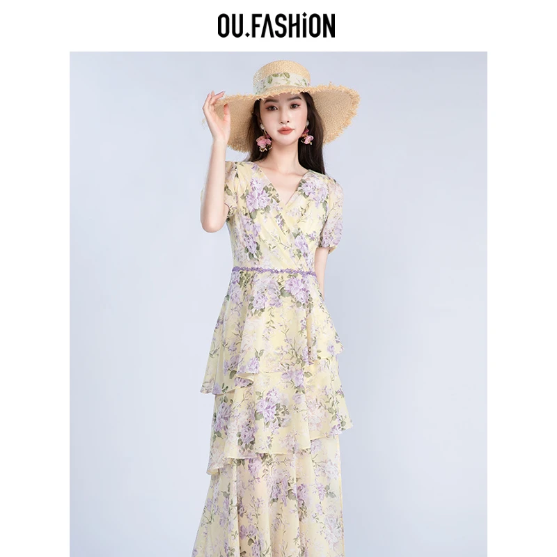 OU.FASHION/欧点碎花连衣裙V领气质收腰不规则6122320162薄荷曼波
