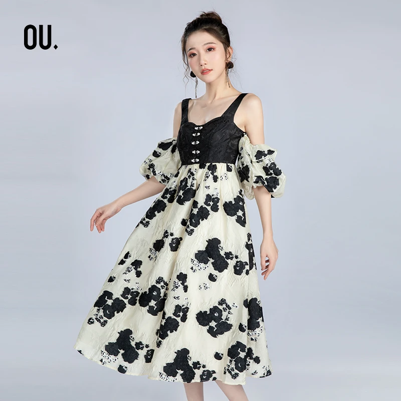 【商场同款】OU.FASHION/欧点夏季拼接法式中袖连衣裙1242220830