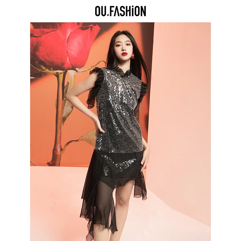 【商场同款】OU.FASHION/欧点面料珠片荷叶边背心连衣裙1122310246