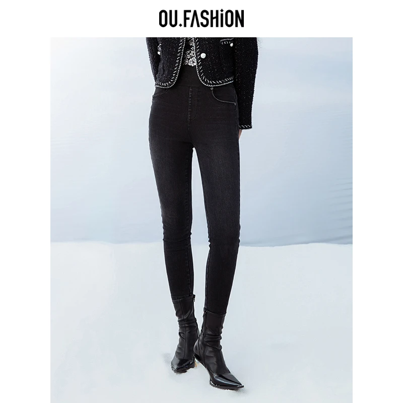【商场同款】OU.FASHION/欧点弹力修身显瘦小脚牛仔裤女1102340033