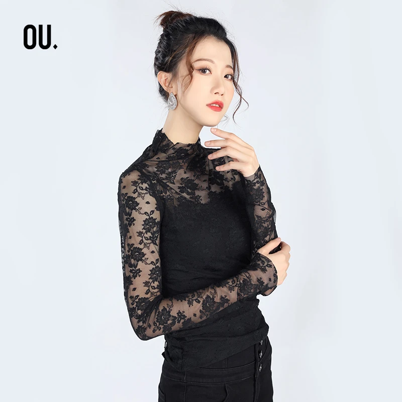 OU.FASHION/欧点蕾丝性感长袖上衣6032240044热力感