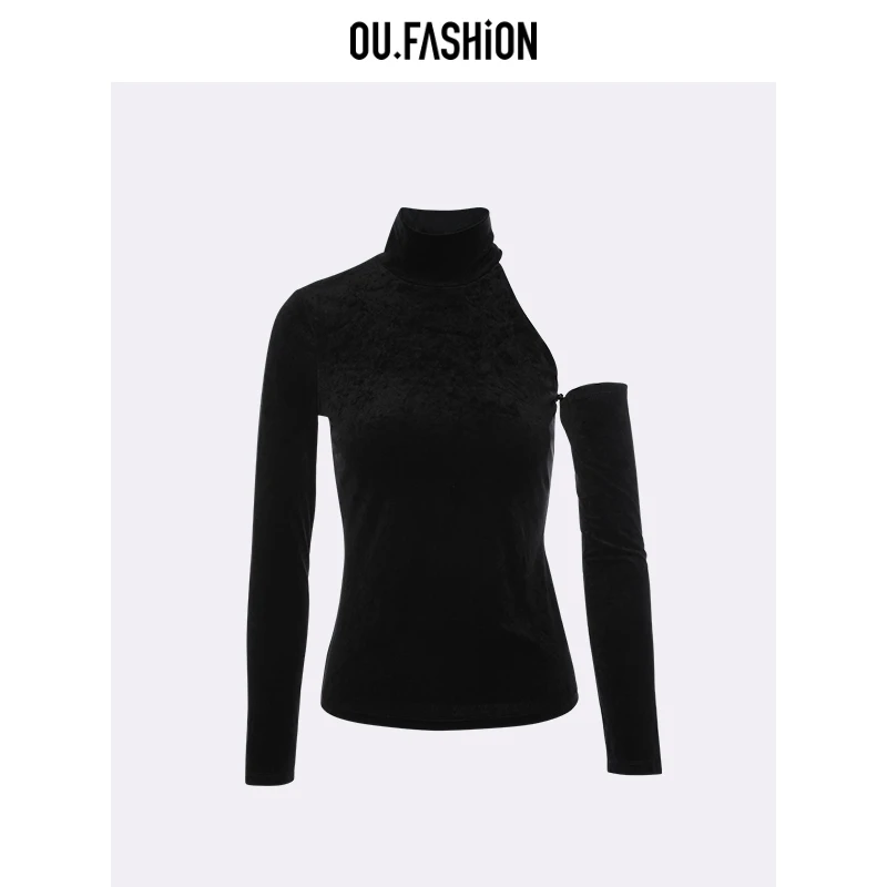 【商场同款】OU.FASHION/欧点丝绒断袖设计长袖T恤上衣1032240544