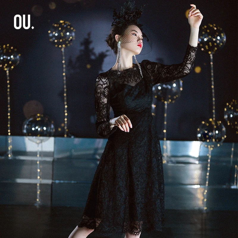 【商场同款】OU.FASHION/欧点优雅蕾丝长袖连衣裙1122140021