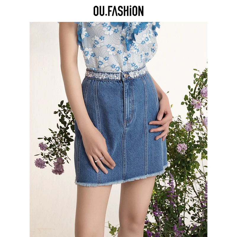 【商场同款】OU.FASHION/欧点水洗牛仔毛边高腰短裙1112320526