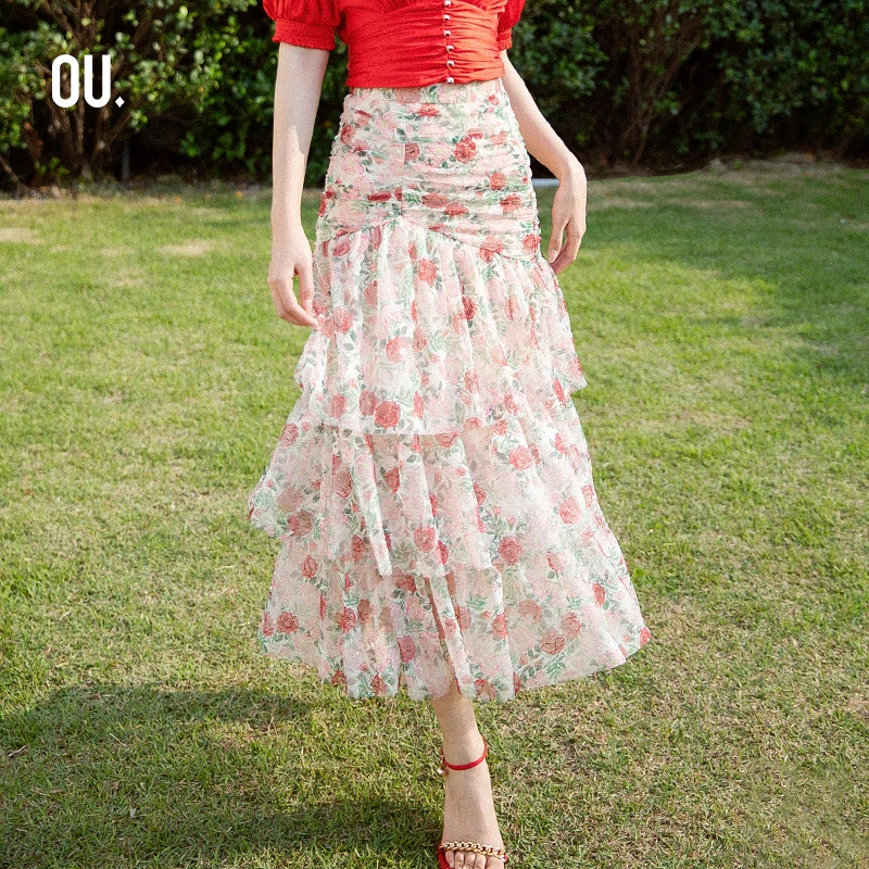 【商场同款】OU.FASHION/欧点中长款裙子玫瑰花半身裙1112220055