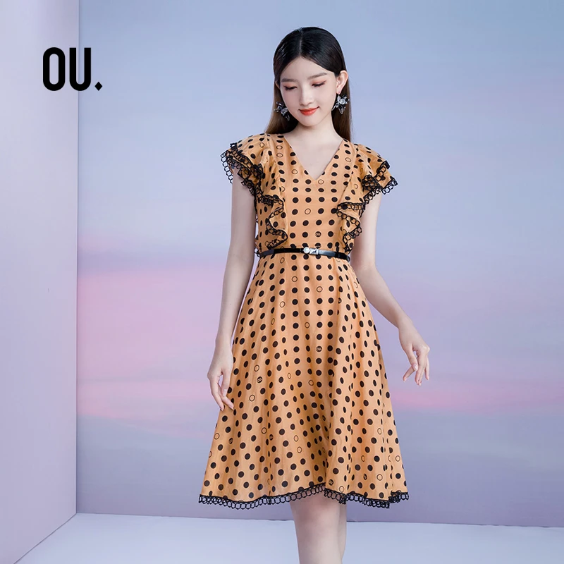 【商场同款】OU./欧点时尚浪漫的袖口荷叶边波点连衣裙1192131055