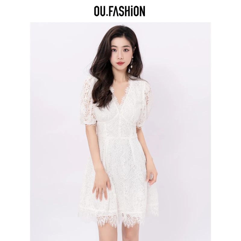 OU.FASHION/欧点蕾丝连衣裙泡泡袖V领收腰显瘦a字裙子6122320159
