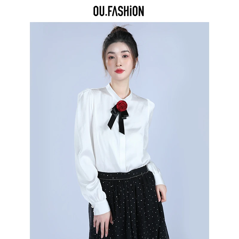 OU.FASHION/欧点别致千金风法式气质衬衫半高领上衣6032310025