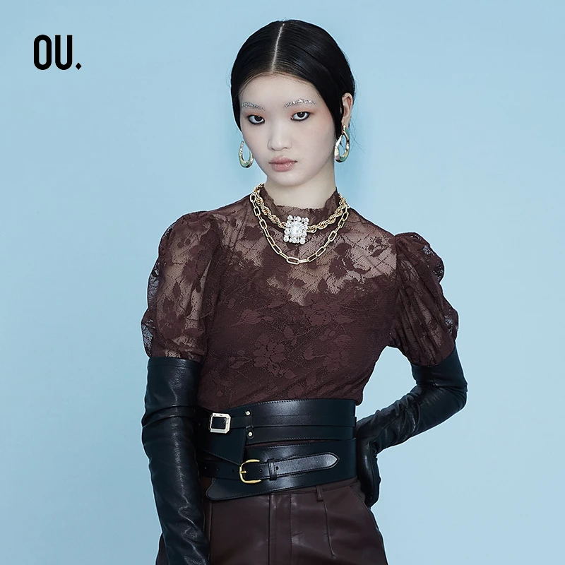 【商场同款】OU.FASHION/欧点秋款蕾丝网纱长袖上衣1032140134