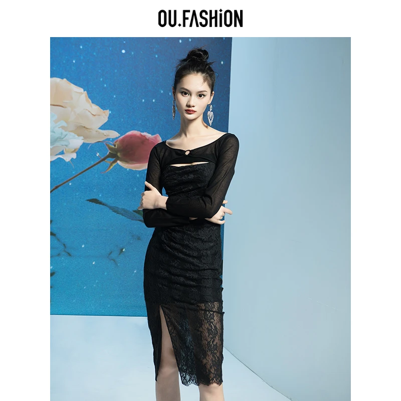 【商场同款】OU.FASHION/欧点花卉蕾丝小坎肩吊带连衣裙1122310192