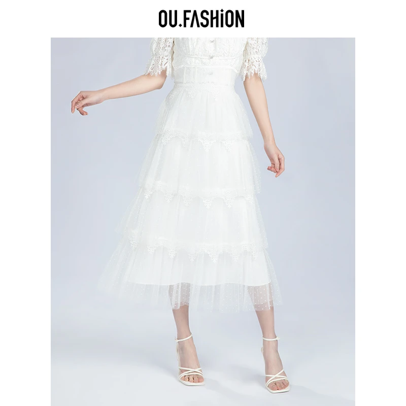 OU.FASHION/欧点高腰网纱半身裙蕾丝蛋糕裙中长裙6112320024