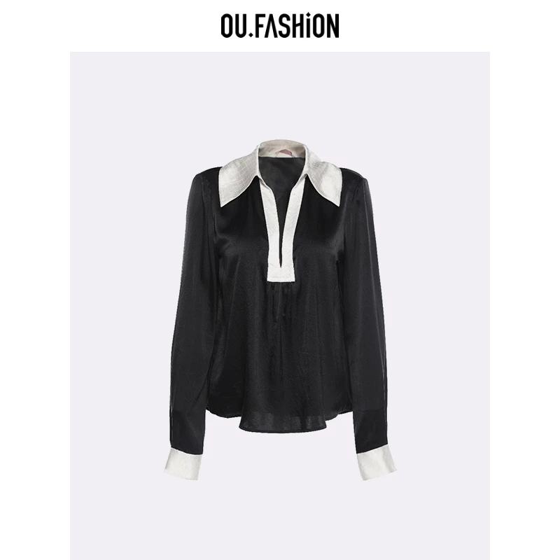 【彭彭echo】OU.FASHION/欧点桑蚕丝V领宽松通勤长袖衬衫1032330176