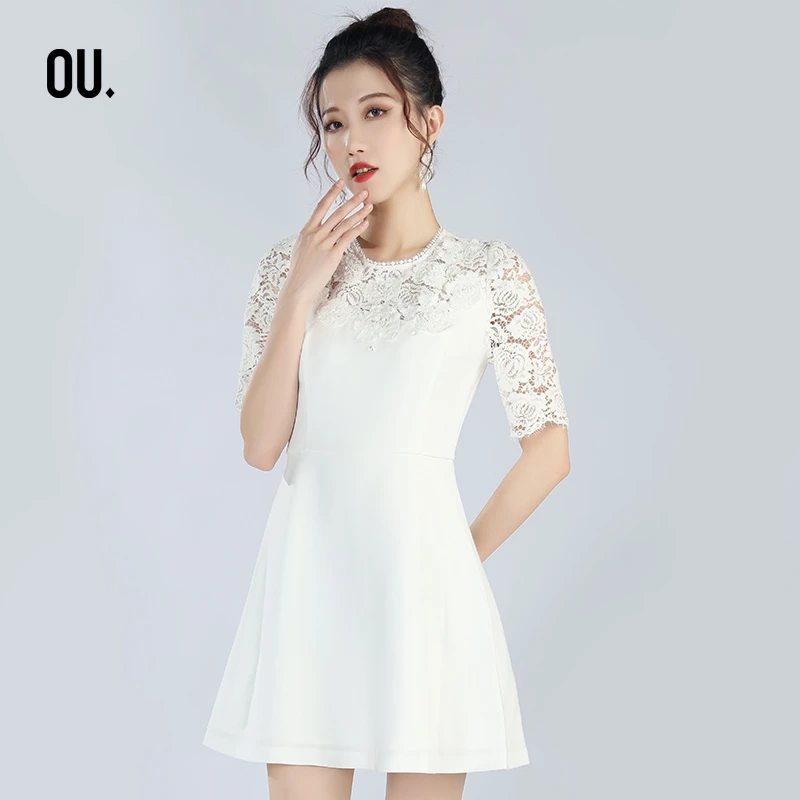 OU.FASHION/欧点气质时尚优雅法式圆领蕾丝短袖连衣裙6122230008